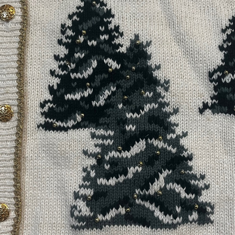 Christopher & Banks Christmas Tree Cardigan Sweater Womens L Cream Gold Beaded - Picture 4 of 10